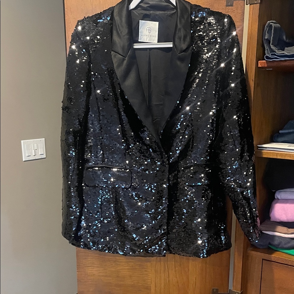 Anine Bing Black Sequin Tuxedo Blazer Sz M